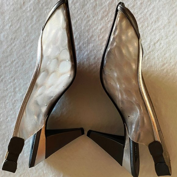 Stuart Weitzman Open Toe Slingback Silver Pumps 9 - Picture 4 of 11